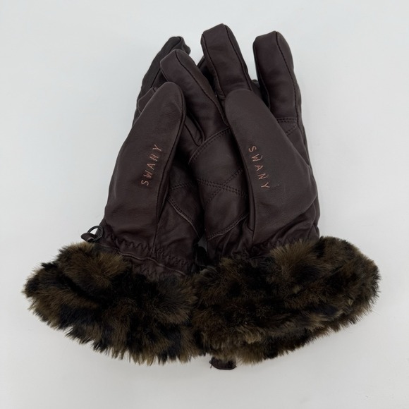 SWANK Accessories - Swany Brown Genuine Leather Gloves With Faux Leopard Fur Trim Womens Size Medium